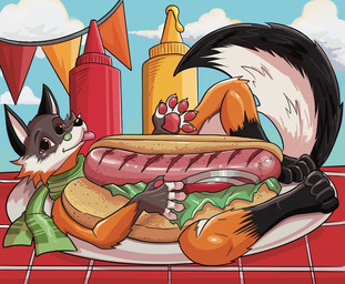 anthro black_body black_ears black_fur black_nose bread brown_eyes cloud eyewear food fruit fur gesture glasses green_scarf grey_body grey_fur hot_dog ketchup_bottle lettuce looking_at_viewer lying male mustard mustard_bottle on_side onion orange_body orange_fur pawpads pink_pawpads pink_tongue plant plate raised_tail scarf sky solo tail tomato tongue tongue_out two_tone_tail vegetable waving waving_at_viewer white_body white_fingers white_fur white_inner_ear nuro_01 luy_(alchesmity) canid canine fox island_fox mammal urocyon