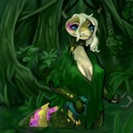 anthro blue_eyes female grass_skirt green_background hair scales simple_background solo swamp white_hair yellow_body yellow_scales lostwisdom lizard reptile scalie 1:1