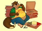 4:3 anthro belly big_belly blush brown_body brown_fur claws clothed clothing eating eyes_closed eyewear food fur glasses hand_on_belly hi_res holding_food holding_object male mammal midriff moobs mustelid obese obese_anthro obese_male otter overweight overweight_anthro overweight_male pizza pizza_hut raccoonkind sitting smile solo toe_claws weight_gain