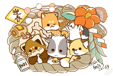 black_eyes brown_body brown_fur chibi dot_eyes feral fur group holidays one_eye_closed orange_body orange_fur simple_eyes text white_body white_fur wink shi_nominmin new_year ailurid bovid bovine canid canine canis cattle dairy_cattle domestic_dog fox holstein_friesian_cattle mammal mustelid musteline red_panda stoat true_musteline weasel 2021 hi_res japanese_text