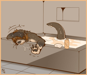 anthro bath bathtub border human_to_anthro male membrane_(anatomy) orange_border pawpads shampoo snout soap solo species_transformation tail thick_tail transformation water webbed_hands surrii human mammal mustelid otter