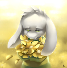 anthro bodily_fluids clothed clothing floppy_ears flower fur green_clothing green_eyes green_sweater green_topwear male pattern_clothing pattern_sweater pattern_topwear plant sad solo striped_clothing striped_sweater striped_topwear stripes sweater tears topwear watery_eyes white_body white_fur young young_anthro kakrita undertale undertale_(series) asriel_dreemurr boss_monster_(undertale) bovid caprine goat mammal hi_res