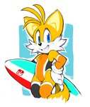 2_tails anthro blue_eyes canid canine cheek_tuft clothing dipstick_tail erosuke facial_tuft fox fur gloves handwear hi_res legwear male mammal markings miles_prower multi_tail multicolored_tail one-piece_swimsuit orange_body orange_fur sega simple_background smile solo sonic_the_hedgehog_(series) surfboard swimwear tail tail_markings teeth thigh_highs tuft vehicle watercraft wetsuit white_background yellow_body yellow_fur