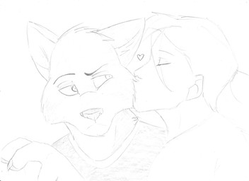 ambiguous_gender anthro clothed clothing duo eyes_closed front_view human_on_anthro interspecies kissing male male/ambiguous mouth_closed side_view simple_background topwear solaxe_(artist) canid canine human mammal monochrome sketch