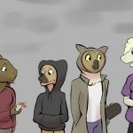 1:1 anthro avian bird breasts brown_body brown_fur camelid capybara caviid cigarette clothed clothing comic female fur group hoodie hyena hyena_girl_(study_partners) llama male mammal owl owl_boy_(study_partners) rodent skateboard spotted_hyena study_partners thunderouserections topwear vehicle white_body white_fur young