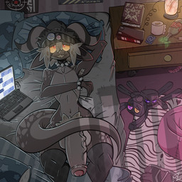 anthro armpit_hair balls beanie bed bedroom_eyes big_balls big_penis body_hair bracelet clothing collar computer condom curved_horn ears_down electronics erection fangs foreskin furniture genitals grey_body grey_scales half-closed_eyes hat headgear headwear horn huge_balls huge_penis humanoid_genitalia humanoid_penis inviting jewelry laptop legwear lying lying_on_bed male markings narrowed_eyes nude on_back on_bed penis pivoted_ears plushie pubes scales seductive sexual_barrier_device sharp_teeth smile smirk smug smug_face smug_grin solo spiked_bracelet spiked_collar spikes spots spotted_body spotted_scales stockings teeth vein veiny_penis yellow_sclera mrt0ony aurus_(endertwinks) enko_(mrt0ony) jack_(endertwinks) kobold scalie 1:1 hi_res