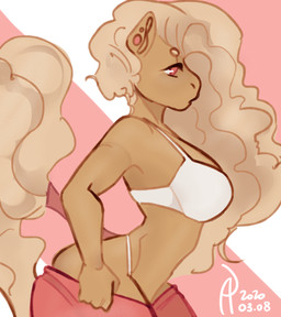 anthro blonde_hair bra butt clothing ear_piercing ears_up eyebrows eyelashes female fur hair long_hair looking_forward piercing pink_eyes solo tail underwear yellow_body yellow_fur 000atanerriaper000 2020 hi_res