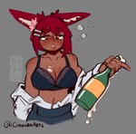 alcohol animal_ears beverage bottle bottomwear bra breasts brown_body brown_skin champagne cleavage clothed clothing collarbone container drunk eyebrow_through_hair eyebrows female female_humanoid grey_background hair holding_bottle holding_container holding_object inner_ear_fluff lips navel open_clothing open_shirt open_topwear orange_eyes red_eyebrows red_hair shirt simple_background solo substance_intoxication thick_eyebrows topwear translucent translucent_hair tuft underwear derpyfox_36 animal_humanoid humanoid 2022 digital_drawing_(artwork) digital_media_(artwork) half-length_portrait portrait