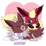 blush duo ear_tuft female feral heart_symbol male male/female scarf tuft unknown_artist nintendo pokemon pinsel_rhead sparky_(gondrag) eeveelution flareon generation_1_pokemon jolteon pokemon_(species) hi_res