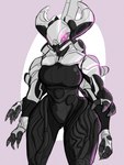 4_arms 4_eyes armor big_breasts black_bodysuit black_clothing black_skinsuit bodysuit breasts clothing female front_view glowing glowing_eyes grey_armor multi_arm multi_eye multi_limb purple_background purple_eyes simple_background skinsuit solo thick_thighs tight_clothing white_background wide_hips dima_(artist) destiny_(video_game) destiny_2 atraks-1 alien alien_humanoid eliksni humanoid hi_res