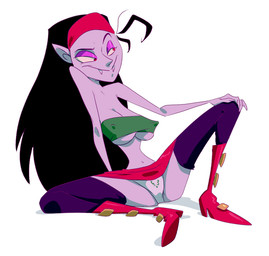 black_hair boots bottomwear breasts cleavage clothed clothing eyeshadow fangs female footwear hair half-closed_eyes hand_on_knee hand_on_leg high_heeled_boots high_heels humanoid_pointy_ears legwear long_hair makeup medium_breasts midriff narrowed_eyes navel nipple_outline not_furry panties pink_eyes pink_eyeshadow pointy_ears sharp_teeth shoes simple_background sitting skirt small_waist smile solo spread_legs spreading teeth thigh_highs under_boob underwear wasp_waist white_background slb the_baskervilles fangora_dracula humanoid vampire