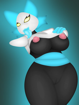 anthro big_breasts breasts clothed clothing female floating_hands fur genitals hair looking_at_viewer machine nipples nude simple_background smile solo vulva yellow_eyes galaxyhusky deltarune undertale_(series) tasque_manager darkner humanoid robot absurd_res digital_media_(artwork) hi_res