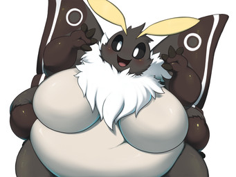4_fingers antennae_(anatomy) anthro belly big_belly big_breasts black_body black_eyes black_fur blush breasts featureless_breasts female female_anthro fingers fluffy fur gesture looking_at_viewer multi_limb non-mammal_breasts nude nude_anthro nude_female obese obese_anthro obese_female open_mouth overweight overweight_anthro overweight_female smile solo thick_thighs tuft waving white_belly white_body white_fur wings yosioka_san jonasii arthropod insect lepidopteran moth 4:3 hi_res