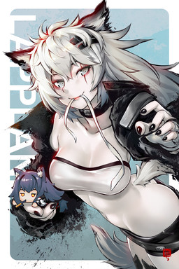accessory black_nails bottomwear bra breasts chibi clothing collar colored_nails duo eye_scar facial_scar female grey_hair hair hair_accessory hairclip jacket long_hair nails navel scar shorts simple_background smile solo_focus streetwear topwear underwear robot_cat arknights hypergryph studio_montagne lappland_(arknights) texas_(arknights) animal_humanoid canid canid_humanoid humanoid mammal mammal_humanoid 2020 2:3 hi_res