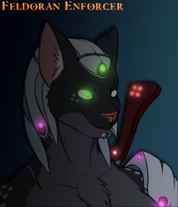 anthro armor blind breasts chest_tuft clothed clothing disability female fur glowing glowing_eyes inner_ear_fluff melee_weapon metal scar simple_background solo text tuft weapon galmgaruda51 domestic_cat felid feline felis mammal bust_portrait portrait