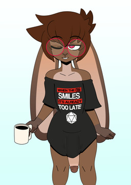 anthro beverage big_penis bottomless brown_body brown_hair clothed clothing coffee coffee_mug d20 dice dice_print eyewear femboy genitals glasses hair humanoid_genitalia humanoid_penis looking_at_viewer loose_shirt male one_eye_closed partial_nudity penis red_eyes shirt simple_background solo standing text text_on_clothing text_on_shirt text_on_topwear topwear wink somescrub dungeons_and_dragons hasbro wizards_of_the_coast lagomorph leporid mammal rabbit absurd_res english_text hi_res