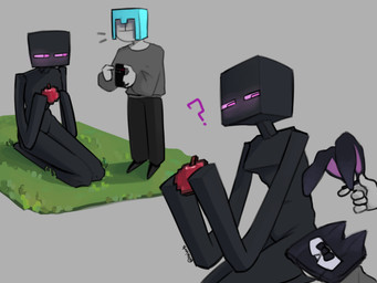 apple armor black_body breasts clothed clothing duo electronics fake_ears fake_rabbit_ears featureless_breasts featureless_crotch female food fruit glowing glowing_eyes grass headgear helmet holding_clothing holding_object kneeling long_arms long_legs long_limbs looking_at_another male not_furry nude on_ground phone plant pointing_at_phone purple_eyes question_mark seiza simple_background sitting sitting_on_ground square_(anatomy) square_head kaiartis microsoft minecraft mojang xbox_game_studios anon enderman human humanoid mammal digital_media_(artwork) hi_res shaded