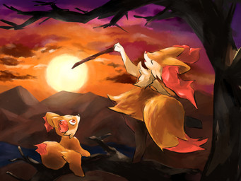 ambiguous_anthro ambiguous_feral ambiguous_gender anthro arm_tuft big_tail biped black_body black_nose cheek_tuft cloud detailed_background digitigrade dipstick_tail duo evolutionary_family eyes_closed facial_tuft feral fur holding_object holding_stick in_tree inner_ear_fluff markings mountain multicolored_body multicolored_fur nude_ambiguous nude_anthro open_mouth orange_body orange_eyes orange_fur orange_nose orange_tail_tip plant pointy_ears prick_ears quadruped rear_view river shoulder_tuft sitting standing stick sunset tail tail_markings tree tuft two_tone_tail white_body white_fur yellow_body yellow_fur yellow_tail sanchimpo nintendo pokemon braixen canid fennekin generation_6_pokemon mammal pokemon_(species) 2023 4:3 digital_media_(artwork) digital_painting_(artwork) hi_res painting_(artwork) shaded