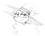 anthro blush blush_lines cheek_dots clothing female fluffy_clothing half-closed_eyes hat headgear headwear looking_at_viewer narrowed_eyes smug_grin solo witch_hat noirchaton4 grefina_(noirchaton4) amphibian frog tree_frog bust_portrait monochrome portrait