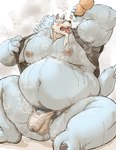 2022 anthro asian_clothing belly big_belly bodily_fluids bulge canid canine canis clothing drunk east_asian_clothing fundoshi genitals hi_res humanoid_genitalia humanoid_hands humanoid_penis japanese_clothing kemono kotobuki law_(sdorica) male mammal moobs musk nipples obese obese_male overweight overweight_male penis pubes sdorica sitting solo substance_intoxication sweat underwear white_clothing white_fundoshi white_underwear wolf