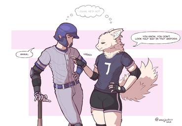 armor baseball baseball_bat baseball_uniform bat_(object) belt blue_eyes blush bottomwear clothed clothing dark_sclera dialogue elbow_pads fingerless_gloves fully_clothed fur gloves hand_on_hip handwear headgear helmet knee_pads leaning_on_object machine male male/male onomatopoeia poking shirt shorts simple_background sound_effects sport sportswear standing tail text thought_bubble topwear uniform visorless volleyball volleyball_uniform white_body white_eyes white_fur warjenkins thao_(warjenkins) human humanoid mammal protogen 2026 absurd_res colored english_text hi_res signature