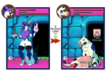 anthro anthro_to_feral before_and_after bodily_fluids clothing crossgender feral gender_transformation hat headgear headwear hooves lactating magic_user male male_anthro milk potion teats transformation transformation_potion transformation_through_magic udder_lactation udders wizard_hat thedarkjudge96 bovid bovine cattle mammal sergal hi_res