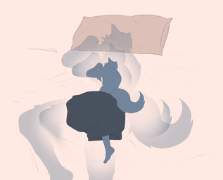 anthro bed black_boxer_briefs black_clothing black_underwear boxer_briefs clothing fur furniture grey_body grey_fur lying male on_front pillow shrinking_out_of_clothes sleeping solo tail unaware_transformation underwear redivivusace beastars legoshi_(beastars) canid canine mammal absurd_res hi_res