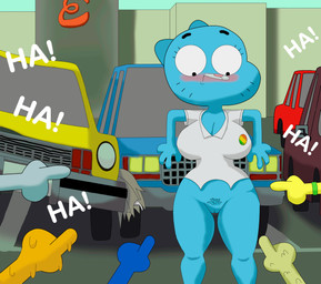 anthro big_breasts bottomwear breasts clothing crowd embarrassed female genitals group laugh looking_down panties parking_lot pube_peek pubes public shirt skirt standing thick_thighs topwear torn_clothing underwear vulva dogmickhot cartoon_network the_amazing_world_of_gumball nicole_watterson domestic_cat felid feline felis mammal absurd_res hi_res