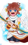 5_fingers blush brown_hair clothing feathered_wings feathers fingers hair light_body light_skin looking_at_viewer male not_furry open_mouth open_smile simple_background smile solo wings butanchu0426 kid_icarus nintendo pit_(kid_icarus) angel humanoid winged_humanoid hi_res