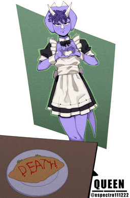 3_horns 5_fingers abstract_background anthro blush blush_lines clothing facial_horn female fingers food frill_(anatomy) front_view gesture hair heart_gesture horn long_tail looking_at_viewer maid_uniform multi_horn nose_horn omelette purple_body purple_eyes purple_hair purple_scales scales short_hair solo tail uniform espectro111222 cavemanon_studios goodbye_volcano_high ko_op_(game_developer) snoot_game trish_(gvh) ceratopsian ceratopsid chasmosaurine dinosaur marginocephalian ornithischian prehistoric_species reptile scalie triceratops 2025 digital_drawing_(artwork) digital_media_(artwork) hi_res