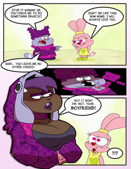 age_progression anthro anthro_to_human big_breasts blush breasts clothed clothing crossgender dialogue duo female fur gender_transformation growth hair hoodie male mtf_crossgender mtf_transformation open_mouth pink_body pink_fur simple_background smile species_transformation tail teeth text topwear transformation unzipping young zipper toongrowner cartoon_network chowder_(series) chowder panini_(chowder) domestic_cat felid feline felis human hybrid lagomorph leporid mammal rabbit comic digital_media_(artwork) english_text hi_res