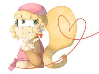 blonde_hair brown_body brown_fur clothing female fur green_eyes hair hat headgear headwear heart_symbol long_hair ponytail simple_background smile solo solstice_rose donkey_kong_(series) nintendo dixie_kong haplorhine mammal monkey primate signature