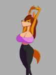 anthro arms_above_head athletic_wear big_breasts bottomwear bra breasts cleavage clothed clothing female fully_clothed fur hair high_waisted_bottomwear huge_breasts looking_at_viewer navel pants simple_background solo sports_bra stretching tight_clothing top_heavy underwear yoga_pants callie_senta canid canine fox mammal 3:4 absurd_res hi_res