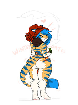 anthro balls blue_hair bottomwear breasts butt closed_smile clothed clothing container cup eyes_closed fur genitals gynomorph hair headgear headwear heart_symbol holding_container holding_cup holding_object intersex markings mouth_closed multicolored_body multicolored_fur partially_clothed simple_background smile solo standing steam striped_body striped_fur striped_markings striped_tail stripes tail tail_markings text topwear white_background tamyra felid mammal pantherine tiger 3:4 english_text source_request