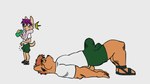 anthro black_clothing black_footwear black_nose black_sandals blush blush_lines bottle bottomwear brown_body brown_ears brown_fur brown_hair brown_tail bulge butt clothed clothing container duo excited exercise footwear fur green_bottomwear green_clothing green_shorts hair holding_bottle holding_container holding_object looking_at_another looking_at_bulge male male/male purple_hair sandals shirt shoes shorts simple_background size_difference t-shirt tail thrusting topwear towel towel_around_neck white_background white_clothing white_shirt white_t-shirt white_topwear charliepops canid canine canis domestic_dog mammal 2025 2d_animation animated digital_media_(artwork) loop adult_(lore)