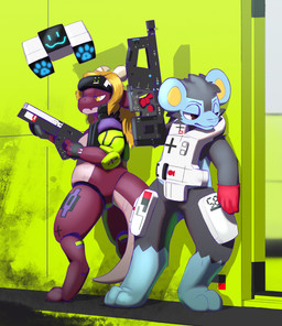 :3 anthro armor clothing cybernetic_leg cybernetic_limb duo female fur gloves gun handwear holding_gun holding_object holding_ranged_weapon holding_weapon machine male multicolored_body multicolored_fur paw_symbol pokemorph ranged_weapon red_body weapon sexotheque bungie marathon_(series) mythology nintendo pokemon amber_(desertdwellerfeller) jordan_shinespark dragon generation_4_pokemon luxray mythological_creature mythological_scalie pokemon_(species) robot scalie 2026 digital_media_(artwork) hi_res