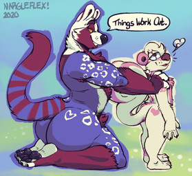 4_fingers abstract_background ankle_markings anthro arm_markings big_butt big_muscles biped black_claws black_finger_claws black_nose black_pawpads black_toe_claws body_hair breath brown_eyebrows brown_nose butt butt_markings chest_hair claws countershade_torso countershading curled_tail dialogue duo eyebrows feet finger_claws fingerless_(marking) fingers fur hair hand_on_another's_shoulder hand_on_shoulder humanoid_hands kneeling larger_anthro larger_male leg_markings looking_down looking_down_at_another male male_anthro markings multicolored_body multicolored_fur muscular muscular_anthro muscular_male narrowed_eyes nude nude_anthro nude_male open_mouth open_smile pawpads pink_body pink_countershading pink_ears pink_fur pink_markings pink_stripes plantigrade pubes purple_body purple_fur reassuring red_body red_fur ring_(marking) ringed_tail side_view size_difference smaller_anthro smaller_male smile smiling_at_another speech_bubble spots spotted_body spotted_fur standing striped_body striped_fur striped_markings striped_tail stripes tail tail_markings teeth text toe_claws toeless_(marking) toes two_tone_body two_tone_fur whisker_spots whiskers white_body white_fur white_hair yellow_sclera nargleflex delta_(nargleflex) nargle nargle_(nargleflex) african_civet civet mammal mephitid skunk striped_skunk viverrid 2020 digital_media_(artwork) english_text handwritten_text signature