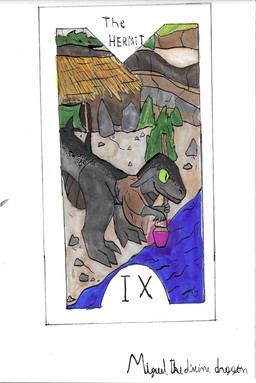 card feral major_arcana post-apocalyptic river solo tail tarot tarot_card the_hermit_(tarot) tribal tribal_clothing water miguel_the_divine_dragon dragonscape mythology rick_(thepatchedragon) dinosaur dragon drekir mythological_creature mythological_scalie prehistoric_species reptile scalie theropod absurd_res hi_res traditional_media_(artwork)