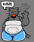 4_fingers :3 anthro beady_eyes belly blue_bottomwear blue_clothing blue_shorts bottomwear breasts cleavage clothed clothing dialogue female fingers front_view gesture greeting grey_body machine markings medium_breasts mole_(marking) open_:3 open_mouth orange_eyes overweight overweight_anthro overweight_female shirt shorts solo speech_bubble standing tail text topwear waving whiskers white_clothing white_shirt white_topwear cassicat cassi_cat_(cassicat) android domestic_cat felid feline felis mammal robot 2023 digital_media_(artwork) english_text portrait three-quarter_portrait trans_(lore) trans_woman_(lore)