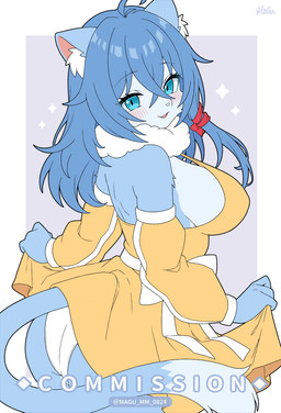 anthro blue_body blue_fur blush breasts clothed clothing clothing_lift dress dress_lift female fur looking_at_viewer looking_back looking_back_at_viewer panties side_boob solo sparkles tail tail_under_skirt underwear white_clothing white_panties white_underwear magu_mm_0824 felid feline mammal hi_res