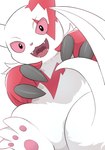 ambiguous_gender anthro biped black_eyes fangs fur looking_at_viewer open_mouth pawpads red_body red_fur red_sclera smile solo teeth white_body white_fur rumine nintendo pokemon generation_3_pokemon pokemon_(species) zangoose hi_res