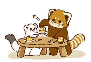 ambiguous_gender black_eyes black_nose brown_body chibi dot_eyes duo feral food simple_eyes sitting shi_nominmin ailurid mammal mustelid musteline red_panda stoat true_musteline weasel 2023 hi_res