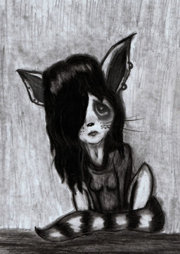 alternative_fashion anthro bilemirth bodily_fluids breasts crying ear_piercing ear_ring female goth nightmare_fuel piercing ring_piercing sad slim solo tears young unhappy893 domestic_cat felid feline felis mammal absurd_res hi_res monochrome traditional_media_(artwork)