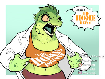4_fingers abstract_background anthro black_eyes bottomwear clothing coat crop_top dialogue female fingers green_body green_hair green_scales green_spots hair instagram_logo lab_coat markings midriff mohawk multicolored_body multicolored_scales orange_sclera pants patreon_logo red_bottomwear red_clothing red_pants reddit_logo scales sharp_teeth shirt solo spots spotted_body spotted_scales teeth text tiktok_logo topwear x_logo aabramsart instagram patreon reddit the_home_depot tiktok x_(social_media) iguana iguanid lizard reptile scalie 2026 artist_name digital_drawing_(artwork) digital_media_(artwork) english_text hi_res watermark