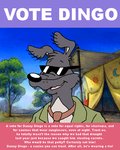 anthro clothed clothing day exposed_chest eyewear humor jacket male necktie open_mouth poster poster_template smile solo sunglasses topwear dragonboy618 blinky_bill_(series) danny_dingo canid canine canis dingo mammal digital_media_(artwork)