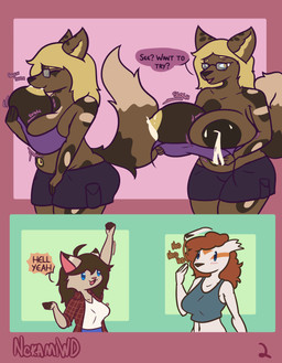 anthro big_breasts big_butt bodily_fluids breast_expansion breastfeeding breasts butt clothed clothing dialogue expansion female fluffy fluffy_tail group holding_breast huge_breasts huge_butt lactating nipples offering_milk self_suckle tail trio wardrobe_malfunction nokamiwd nintendo pokemon bam_(khainethewolf) jazz_(khainethewolf) kaya_(khainethewolf) african_wild_dog canid canine domestic_cat felid feline felis generation_3_pokemon linoone mammal pokemon_(species) shiny_pokemon absurd_res comic hi_res