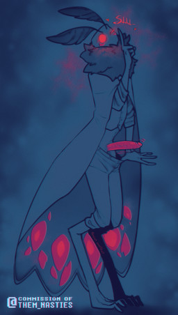 antennae_(anatomy) anthro biped bottomwear bottomwear_down clothed clothing digitigrade erection fluffy_antennae genitals humanoid_genitalia humanoid_penis looking_at_viewer male neck_tuft one_eye_closed pants pants_down partially_clothed penis presenting presenting_penis red_eyes red_penis shirt shush solo standing topwear tuft vein veiny_penis vest wink winking_at_viewer them_nasties monster_prom_(series) moss_mann arthropod insect lepidopteran moth 2026 blue_theme full-length_portrait hi_res portrait