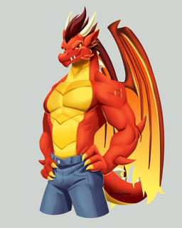 2_horns anthro arm_spikes bottomwear clothed clothing denim denim_bottomwear denim_clothing facial_spikes fire grey_background hair hands_on_hips horn jeans looking_at_viewer male membrane_(anatomy) membranous_wings muscular muscular_anthro muscular_male neck_spikes pants pecs red_body red_eyes red_scales red_spikes scales simple_background solo spikes spikes_(anatomy) tail text topless topless_anthro topless_male underbite ventral_scales wings yellow_body yellow_scales yellow_sclera anjing_kampuss dragon_city european_mythology mythology socialpoint dragon flame_dragon_(dragon_city) mythological_creature mythological_scalie reptile scalie western_dragon 2020 4:5 artist_name digital_media_(artwork) hi_res