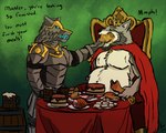 alcohol anthro armor barrel beer belly beverage buns cake chair clothing construct crown dessert duo feeding food force_feeding forced furniture ham headgear king male male/male master mawplay meat metal mouthful overweight overweight_male pork robe royalty servant simple_background sitting standing tablecloth throne weight_gain yenocwolf yenoc avian bird canid canine canis chicken galliform gallus_(genus) mammal phasianid wolf plates_(disambiguation) 5:4 absurd_res hi_res