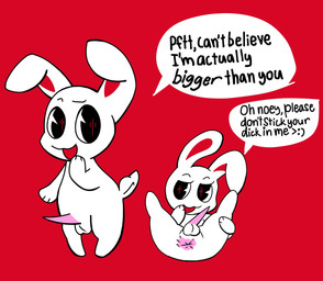 anthro anus balls dialogue erection genitals male penis red_background simple_background solo speech_bubble talking_to_viewer tapering_penis text white_body loogietime chikn_nuggit iscream_(chikn_nuggit) lagomorph leporid mammal rabbit 2025 digital_media_(artwork) english_text hi_res nonbinary_(lore)